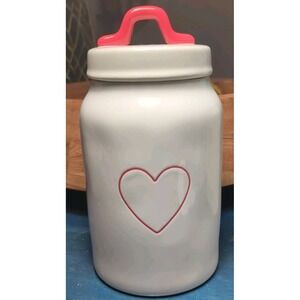 Rae‎ Dunn White Canister  Jar W/Red Handle & Heart Artisan Collection Magenta 8"